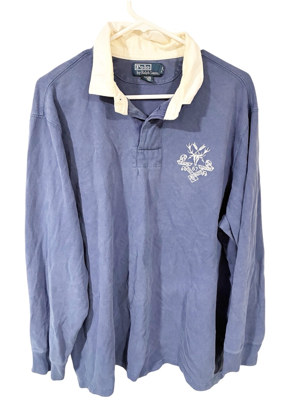 Polo Ralph Lauren Rugby Shirt Blue Long Sleeve White Collar Hunting Class XL